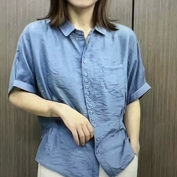 Dokotoo Women's Fashion Casual Blue Button Short Sleeve Shirt - Size L - Picture 1 of 7